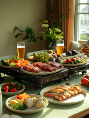 Wall Mural - Grilled meat platter set and beer on table in restaurant