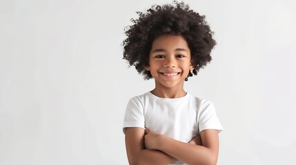 cute smiling boy between 56 years old with dark skin with afro hair posing on a white background the