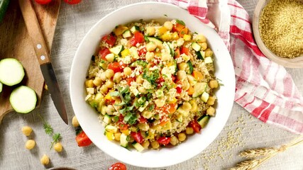 Sticker - fresh vegetable salad with semolina, chickpea,tomato, cucumber and herbs