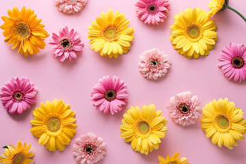 Wall Mural - Beautiful spring yellow and pink gerbera flowers on a pastel background with copy space, in a flat lay to