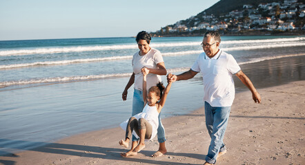 Poster - Beach, grandparents and kid holding hands, walking and bonding on outdoor holiday adventure in Mexico. Ocean, travel and happy family love with man, woman and girl child on summer vacation together