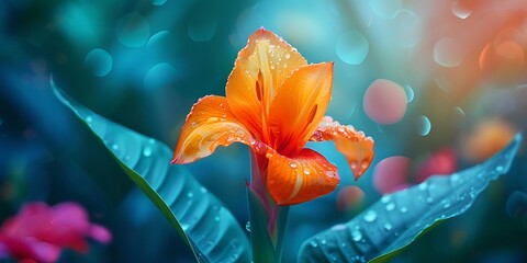 Wall Mural - Orange flower with bokeh background, abstract nature background.