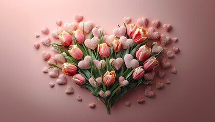 Sticker - Tulips and hearts on a pink background. 3d rendering