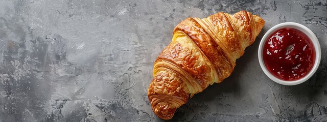  A croissant adjacent to a ketchup bowl on a gray-stoned table against a uniformly gray backdrop