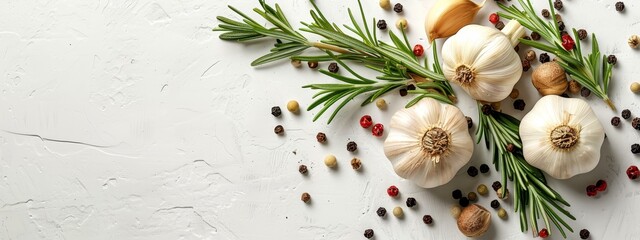 Wall Mural -  Garlic, pepper, and a single rosemary sprig on a pristine white surface Rosemary sprig nearby