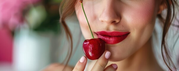 Sticker - A close-up of a woman holding a cherry near her face. Free copy space for text.