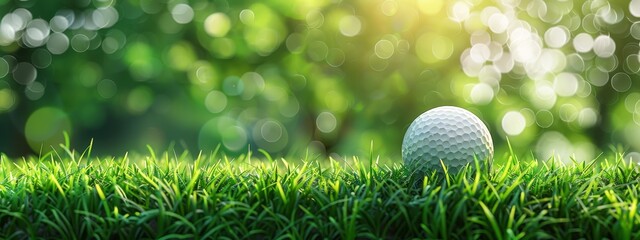 Wall Mural -  A clear foreground of grass holds a stationary golf ball, surrounded by a blurred backdrop of trees and grass