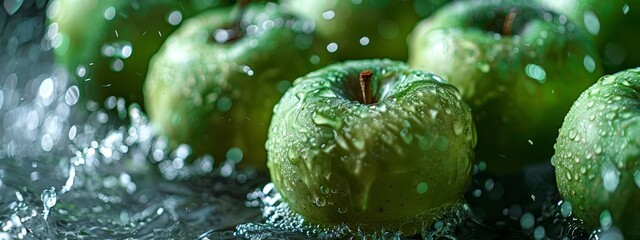 Wall Mural -  Group of green apples atop wet table Water droplets surround apples, near adjacent pile