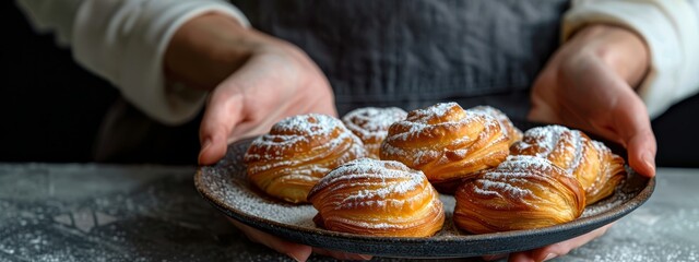 Wall Mural -  A person holds a plate of pastries, displaying one in front of a plate of powdered sugar-covered croissants