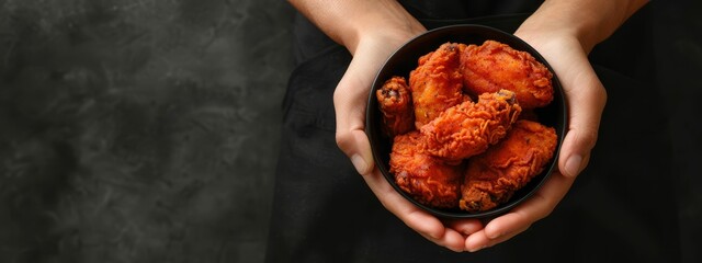 Wall Mural -  Person holds black bowl with fried food on black table near wall