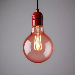 Wall Mural - close up isolated hanging red lightbulb with copy space background, representing great ideas