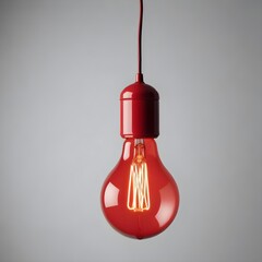Wall Mural - close up isolated hanging red lightbulb with copy space background, representing great ideas