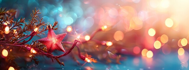  A red star ornament, closely focused, atop a twig against a softly blurred backdrop of twinkling lights