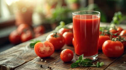 Wall Mural - Fresh tomato juice in a glass on a rustic wooden table, surrounded by whole and sliced tomatoes, basil leaves, and peppercorns, evoking a wholesome and vibrant scene of natural health.