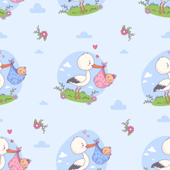 Wall Mural - Seamless pattern with cute stork holds bundle in its beak with newborn baby boy and girl on blue background with clouds. Vector illustration. Cartoon bird kawaii. Kids collection