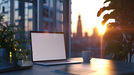 Laptop mockup in a stylish room with a large window at sunset. There is an open laptop on the desk, and a cup of coffee next to it