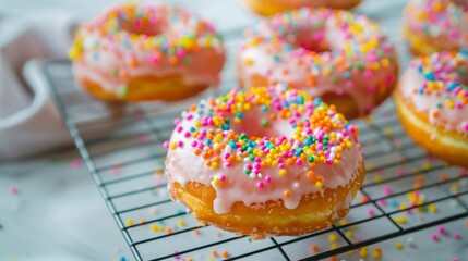 Wall Mural - Delicious donuts served on a light background, appetizing presentation, bright natural lighting,