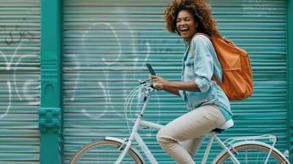 Woman with Orange Backpack on Bicycle