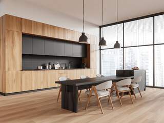 Sticker - Wooden home kitchen interior with dining table and island, panoramic window