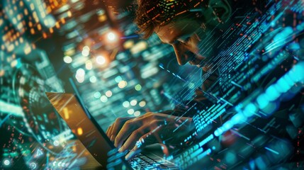 Wall Mural - Close-up shot of a hacker intently typing on a laptop with multiple digital screens displaying lines of code in the background