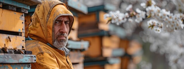  A man in a yellow raincoat stands near beehives adorned with white flowers