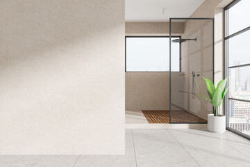 Wall Mural - Beige home bathroom interior with glass shower and window. Mockup wall