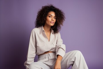 Wall Mural - A woman with curly hair is sitting on a purple background