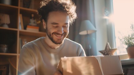 Wall Mural - `A handsome man is happily opening his package in the living room, with bright sunlight shining through the window on him and home decoration. He has curly hair, casual , professional photography styl