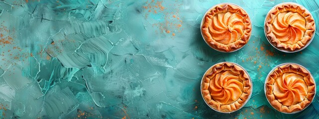  Three pies alignment on a blue-green table surface