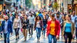 © N7 - Urban Diversity Blur: A blurred background of a diverse group of people walking on a city street, symbolizing urban diversity and inclusion.