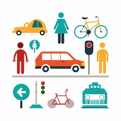 Wall Mural - minimalist collection of stylized traffic icons, including cars, bicycles, and pedestrians, on white background., traffic icons, stylized, transportation, minimalist