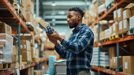 Wall Mural - Focused logistics specialist with protective eyewear scans barcodes on packages in a well-organized warehouse. AIG41