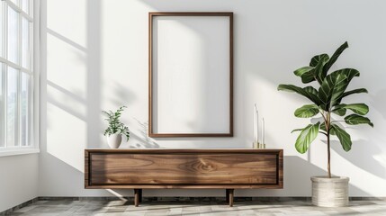 A blank poster frame hangs on a white wall in a modern living room with a wooden cabinet, potted plants, and sunlight streaming through the window
