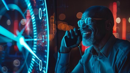 Wall Mural - A man is talking on the phone with his smiling wife, who appears as a hologram on a futuristic clock. They are showcasing the latest technology in communication and virtual reality.