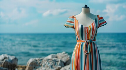 Striped summer dress on a mannequin, chic, breathable fabric, blurred seaside background, fashion photograph
