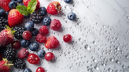 Wall Mural - A high-angle view of assorted colorful berries on a white marble surface with droplets of water glistening