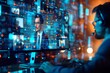© Iftikhar alam - A man in a business suit is shown on a computer screen, engaged in work or communication, Abstract representation of teleconferencing as a modern form of communication