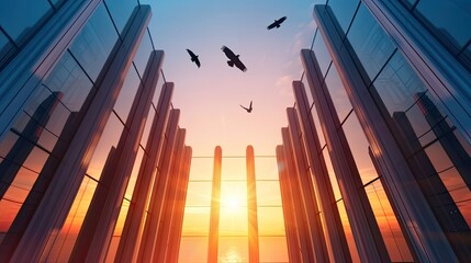 Modern skyscrapers with reflective glass windows at sunset with birds flying in the sky, representing urban architecture and city life.