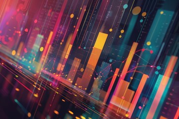 Poster - Multicolored abstract background featuring intersecting lines and dots in vibrant hues, Abstract shapes and colors representing data visualization