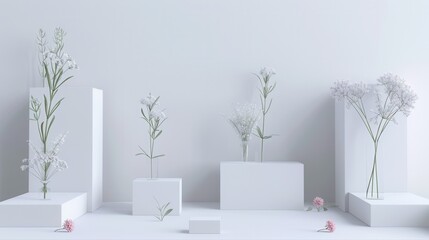 Leinwandbilder - Geometric floral patterns on white cubes create a contemporary and clean scene. Ideal for modern design and architectural studios. Generative AI