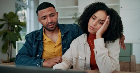 Poster - Disappointed, couple and reading of email, laptop and increase of interest for mortgage, debt and hug. Love, support and embrace for comfort, woman and man with paperwork, online and together