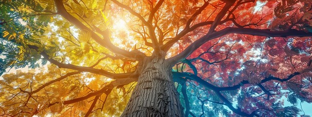 Wall Mural -  A multicolored tree with sun filtering through its upper leaves and underlining the lower ones