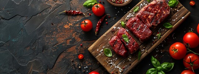 Wall Mural -  Raw meat on a cutting board, surrounded by tomatoes, peppers, basil, pepperoni, and pepperoni peppers