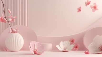 Aufkleber - A minimalist, geometric floral arrangement in a modern design studio, featuring pink and white flowers in a white vase and falling petals against a pale pink backdrop. Generative AI