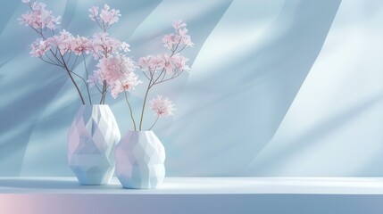 Aufkleber - Two white geometric vases with pink floral arrangements on a white shelf against a light blue background with soft, diagonal shadows. Generative AI