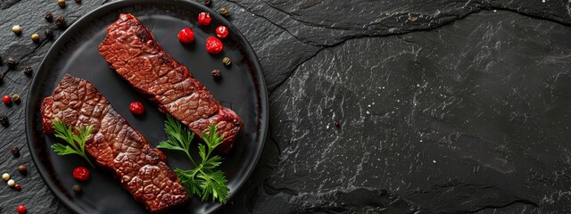 Wall Mural -  Two steaks on a black plate, garnished Stone surface beneath, adorned with red berries