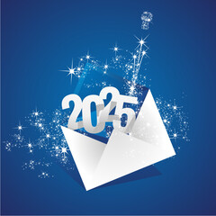 Wall Mural - New Year 2025 greeting card mail sharing shining sparkle firework stars blue background