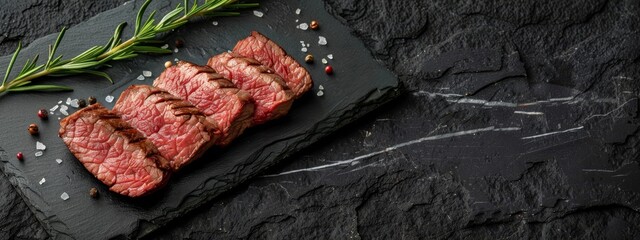 Wall Mural -  A steak on a slate board, garnished with a sprig of rosemary
