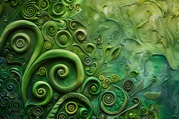 Poster - An abstract painting featuring intricate swirls and leaf motifs in different shades of green, Abstract swirls and patterns in various shades of green on a textured background