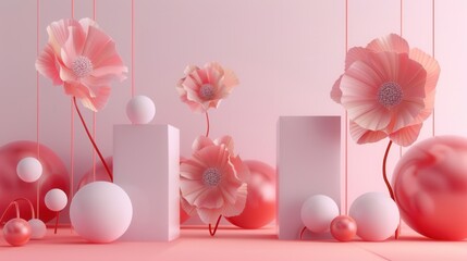 Poster - A contemporary, clean design featuring geometric floral patterns, white spheres, and a pink background. Ideal for modern design and architectural studios. Generative AI